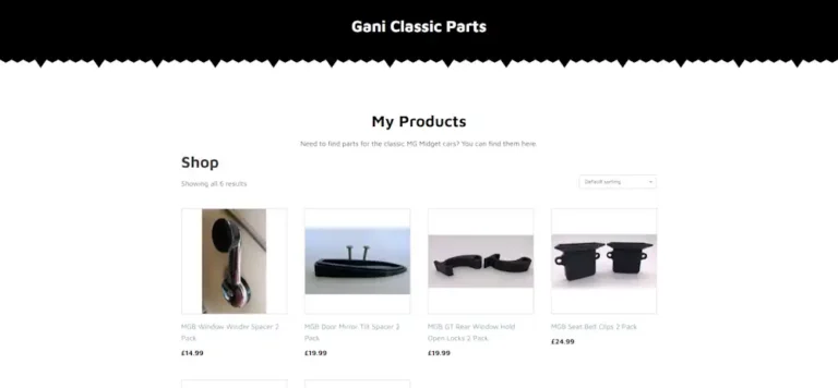 Gani Classic Parts shop page showing 3D printed MG Midget car parts