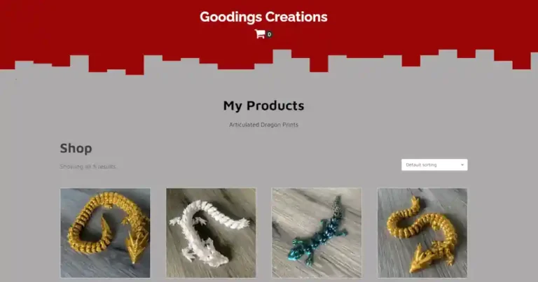 Goodings Creations shop page showing articulated 3D printed dragons